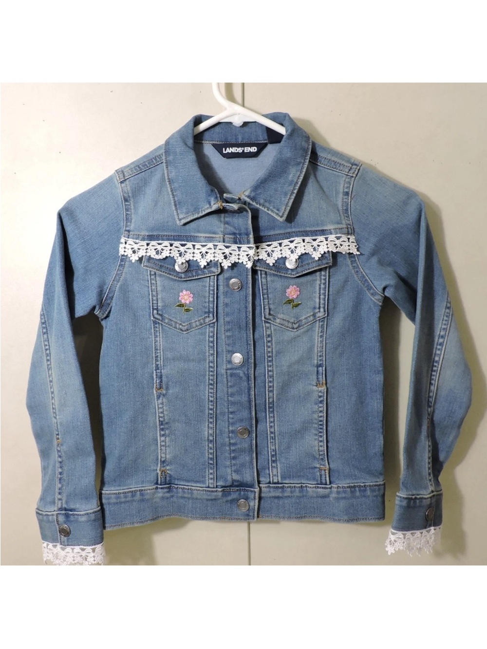 Lands' End Blue Denim Jacket with White Lace & Pink Flower Embroidery